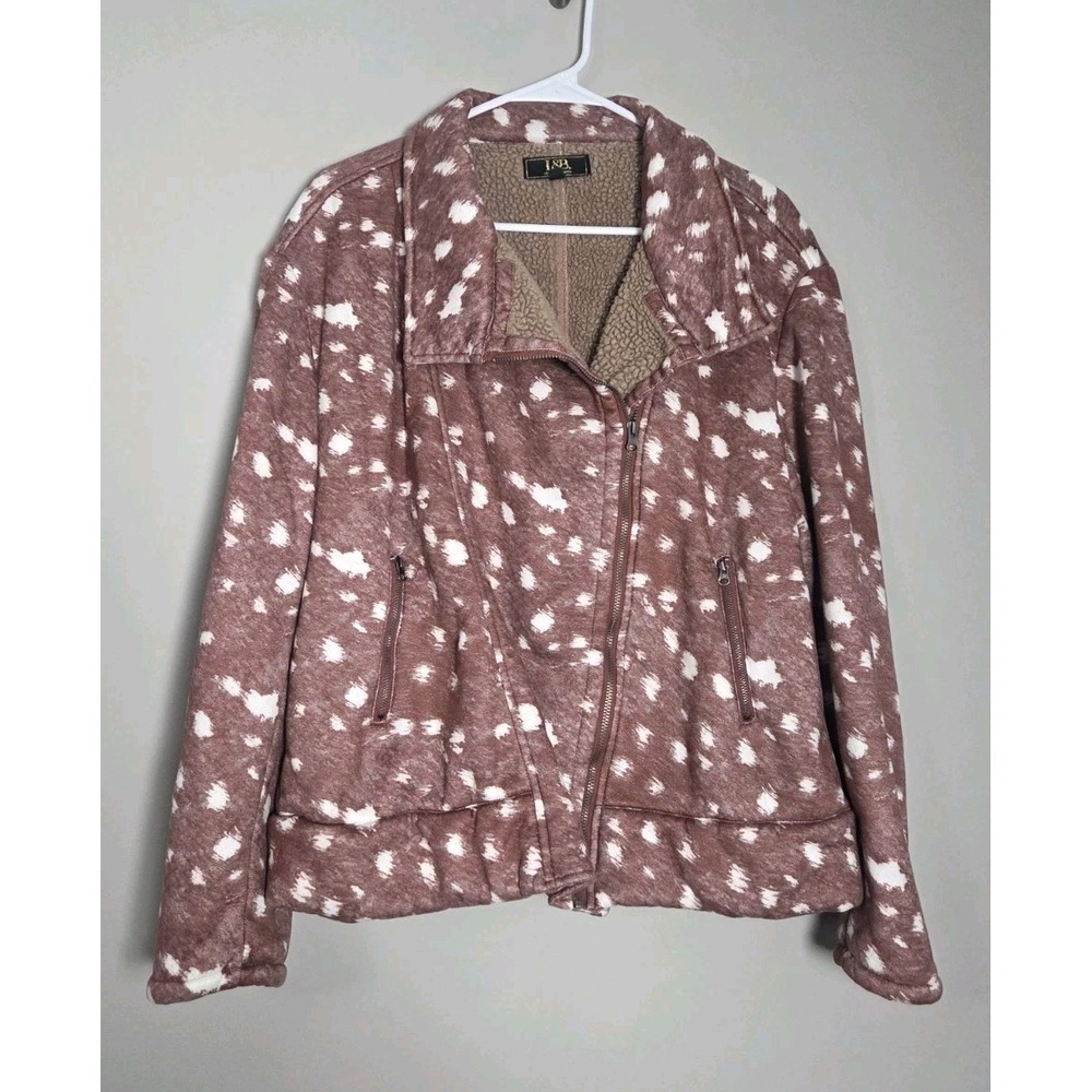 Lucky & Blessed Deer Print Jacket Plus Size 2X Faux Suede Tan Brown Sherpa Lined